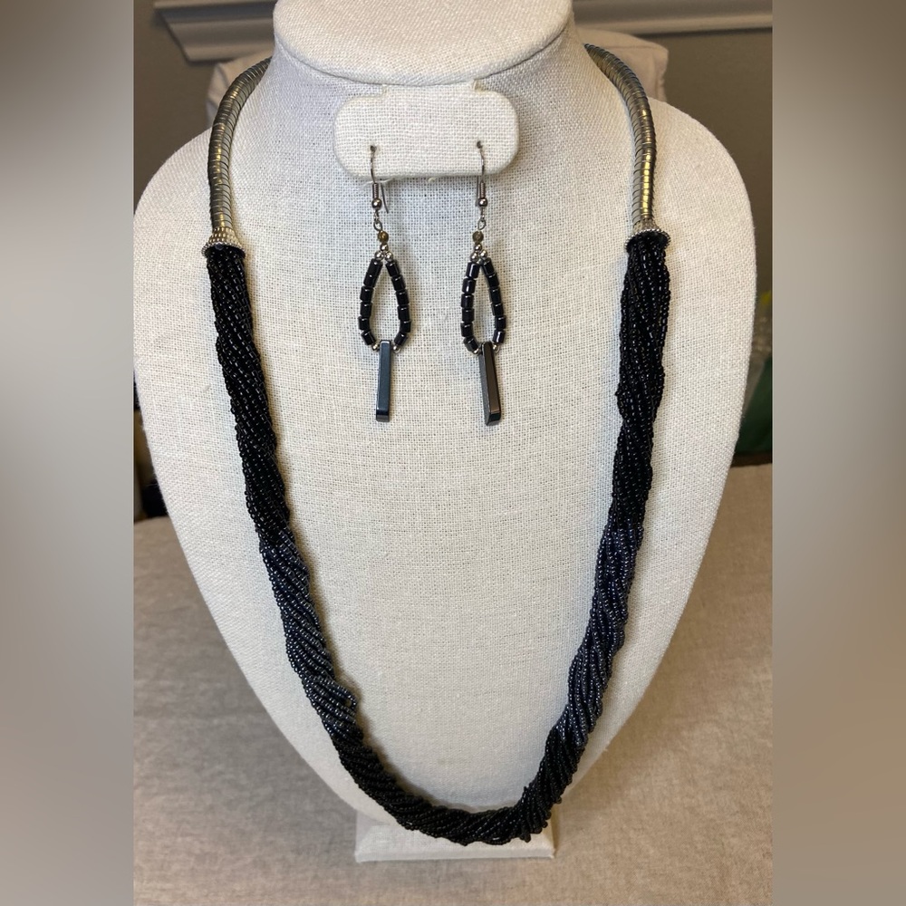 Silver Black Long Beaded Necklace set with Hematite Dangling Earrings